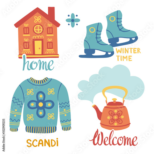 Scandinavian set with house, sweater, skates, teapot. Folk art. Vector nordic illustrations with logo.