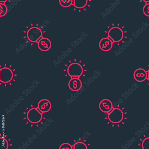 Red line Light bulb with dollar symbol icon isolated seamless pattern on black background. Money making ideas. Fintech innovation concept. Vector