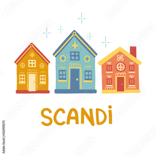 Composition with country houses in scandinavian style. Folk art. Banner, greeting card. Vector nordic illustrations.