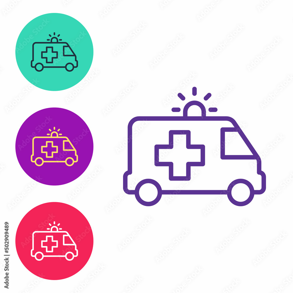Set line Ambulance and emergency car icon isolated on white background. Ambulance vehicle medical evacuation. Set icons colorful. Vector Set line Ambulance and emergency car icon isolated on white background. Ambulance vehicle medical evacuation. Set icons colorful. Vector