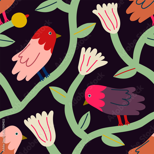 Cute colorful folk pattern witn decorative flowers and birds on dark background. Naive seamless texture for wallpaper, textile, dresses, home decoer and ect.