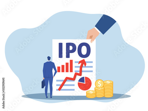 IPO, initial public offering. businessman offer  Investing on laptop Concept ,Flat vector illustration.