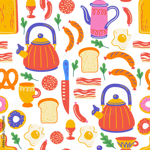 Breakfast seamless pattern with kitchen utensil and appliance. Scandinavian illustration of kitchen elements in flat style. Vector cartoon hand drawn texture. Food preparation and kitchenware.
