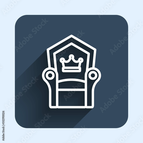 White line Medieval throne icon isolated with long shadow background. Blue square button. Vector