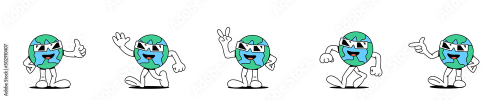 Set of cartoon character planet earth in different friendly poses.Globe symbol.Earth day celebration concept,ecology care.Stock vector illustration of planet earth.Isolated white background.
