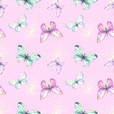 Watercolor pattern with colored butterflies