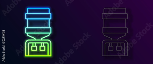 Glowing neon line Water cooler for office and home icon isolated on black background. Water dispenser. Bottle office, plastic and liquid. Vector
