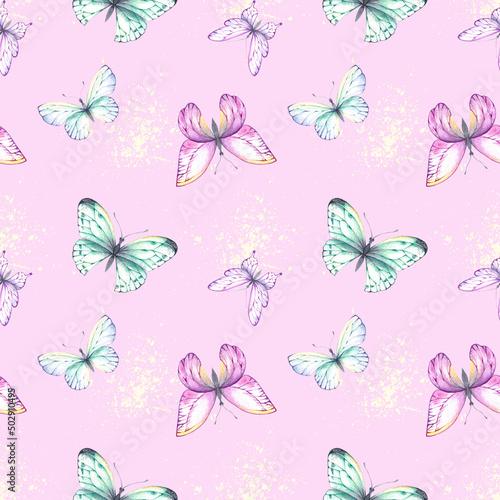 Watercolor pattern with colored butterflies © SashaKondr