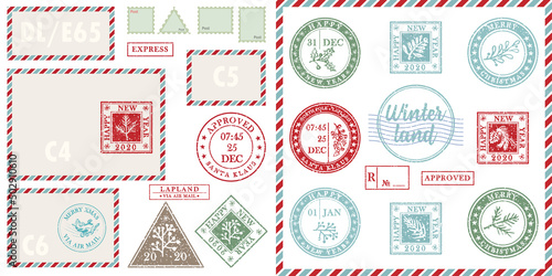 Set of vintage template air mail postcard and envelope. Texture grunge christmas stamp rubber with holiday symbols in traditional colors. Place for your greeting text