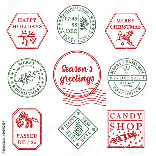Set of vintage textured grunge christmas stamp rubber with holiday symbols in red, green and blue colors. For xmas greeting card, invitations, web banner, sale flyers retro design