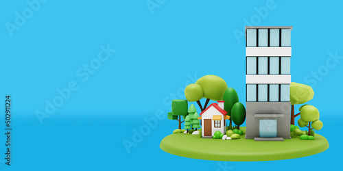 House and office building on gradient background. 3d rendering image of low poly objects.