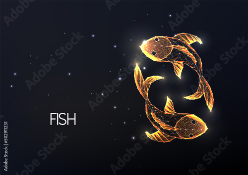 Gold couple of fishes made of lines, dots, circles and polygons isolated on black background.