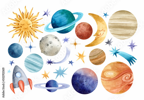 Wallpaper Mural Watercolor planets, sun, moon, space ship and stars elements set