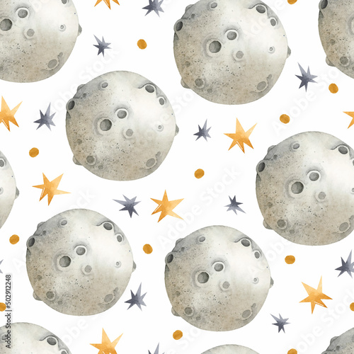 Moon and stars watercolor seamless pattern 