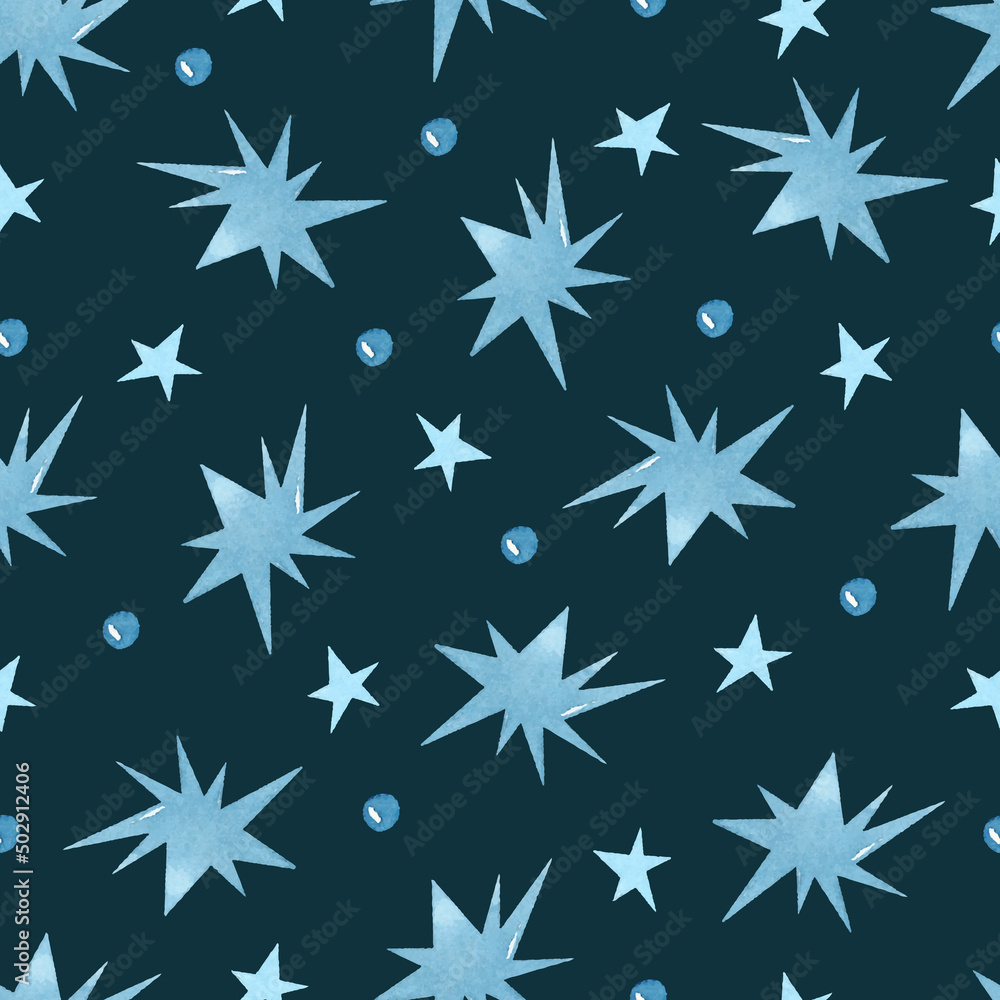 Blue stars and dots watercolor seamless pattern on dark background Blue stars and dots watercolor seamless pattern on dark background