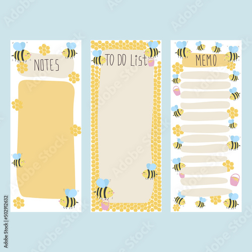 Vector set to do and memo list with cute bees and honeycombs decor.Daily planner element template.