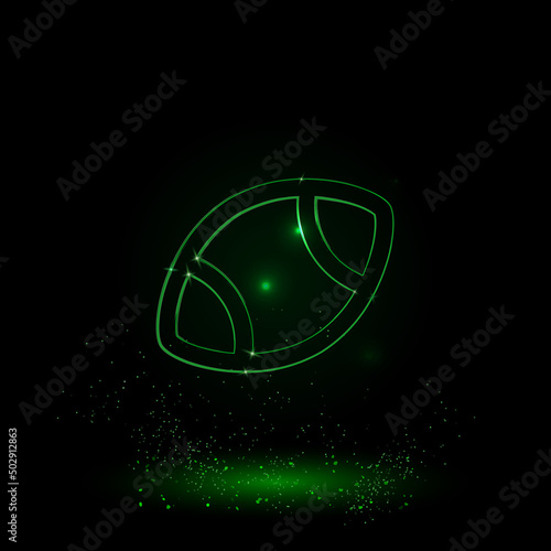 A large green outline rugby symbol on the center. Green Neon style. Neon color with shiny stars. Vector illustration on black background