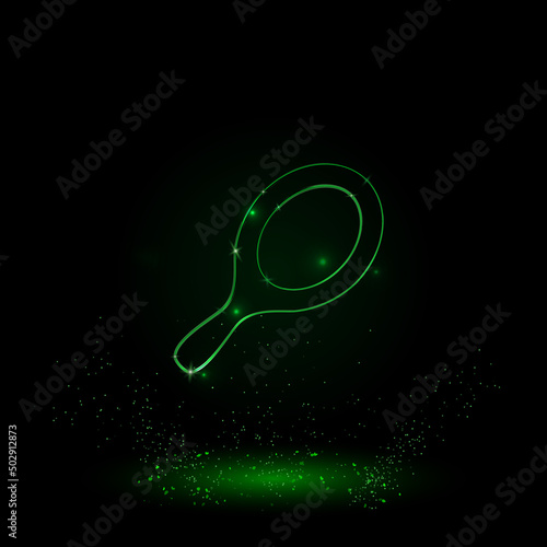 A large green outline tennis symbol on the center. Green Neon style. Neon color with shiny stars. Vector illustration on black background