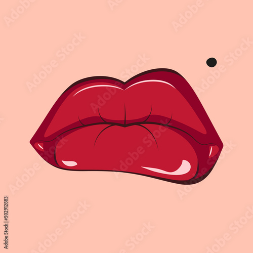 Hot lips with birthmark vector illustration. Lips kiss. Sexy red lipstick. Vector illustration with female mouth