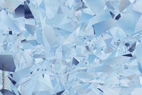 Digital crystal broken glass light blue background 3d illustration. Trendy kaleidoscope reflection polygon texture