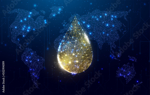 A drop of oil with a map of the globe. The price of oil is falling or growth concept with glowing low poly drop oil. Futuristic modern abstract background. Vector illustration
