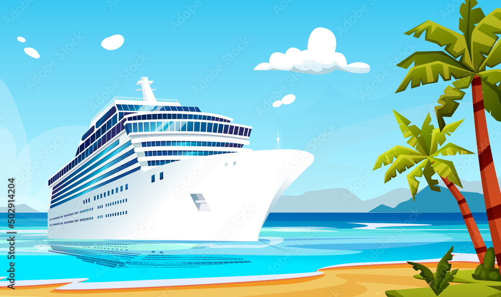 White cruise ship stop sandy island shore, wild beach, palms. Liner, boat voyage at South sea, Pacific, Atlantic ocean. Calm good weather day marine, nature landscape, scenery. Vector illustration - obrazy, fototapety, plakaty 