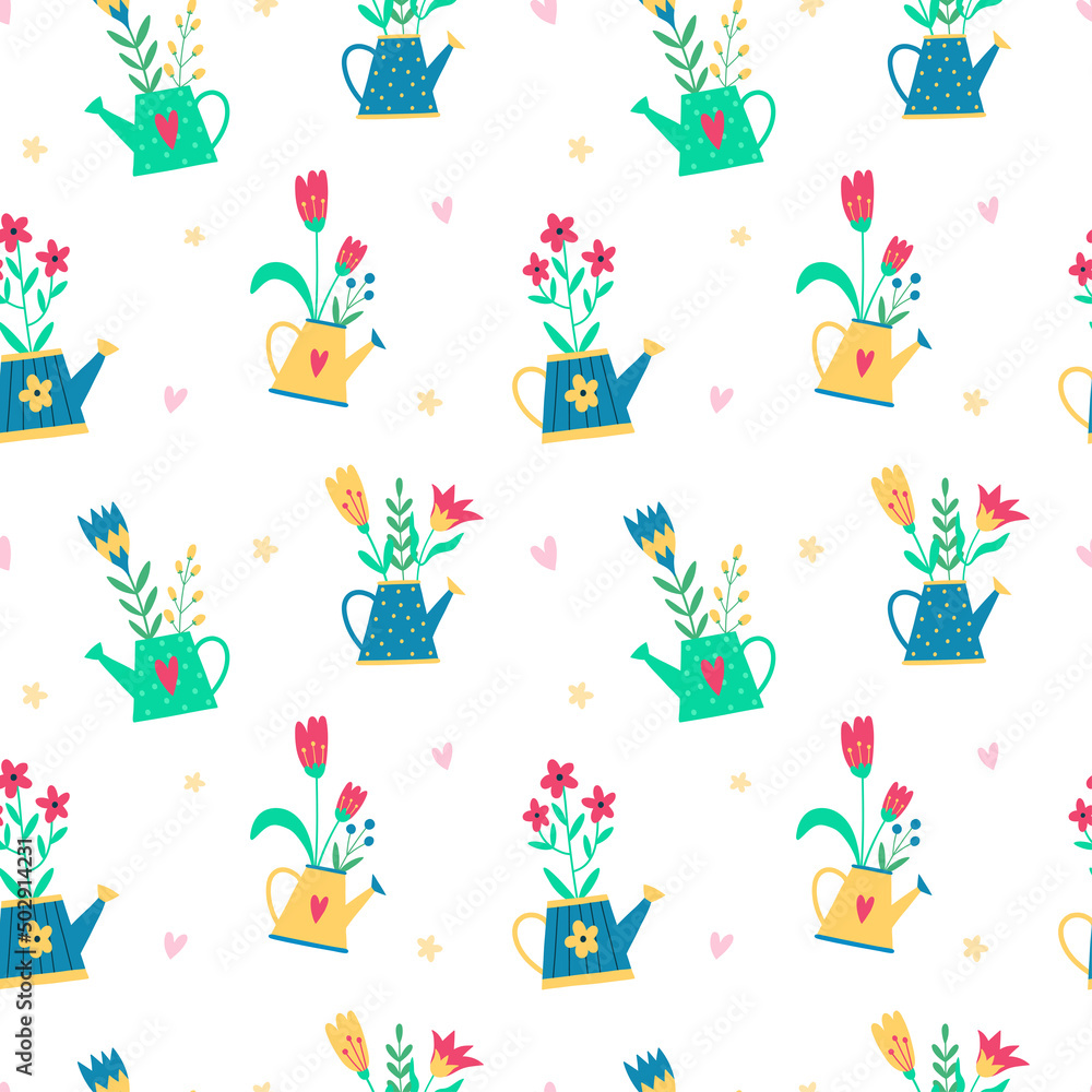 Seamless pattern with garden watering can with flowers. Garden background. Cartoon flat style vector illustration.