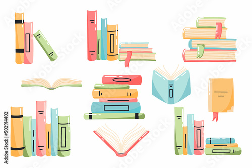 Set of Books in cartoon style. Stacks of Books. World Book Day. Vector illustration. Bright books.
