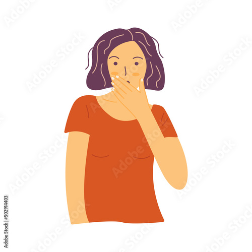 Girl covers her mouth with her hand in surprise. Colorful vector isolated illustration hand drawn. Amazement at what he heard or saw, shock or fright