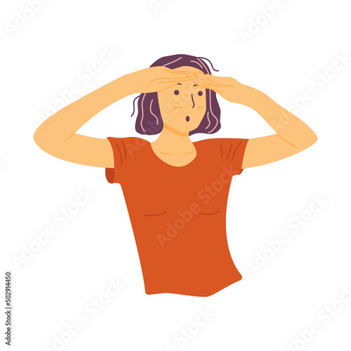 Girl looks forward in surprise, putting her hands to her forehead, shielding eyes from the light. Colorful vector isolated illustration hand drawn