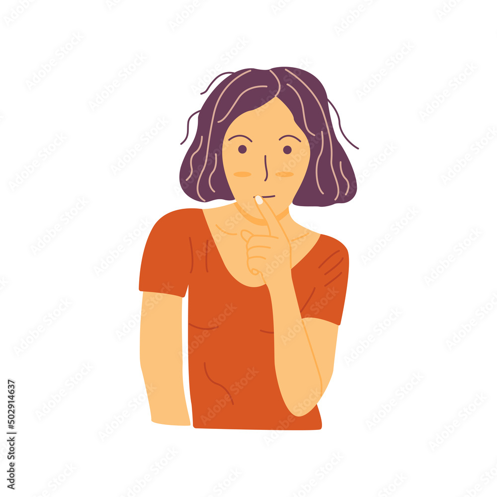 Pensive young girl holds finger near her lips. Bob haircut. Colorful vector isolated illustration hand drawn. Facial expression, doubt or question, reflection or curiosity Pensive young girl holds finger near her lips. Bob haircut. Colorful vector isolated illustration hand drawn. Facial expression, doubt or question, reflection or curiosity