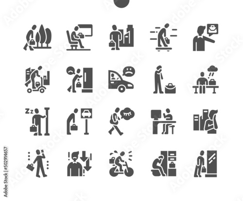 Sad people go to work. Sleepy man. Tired man in city. Vector Solid Icons. Simple Pictogram