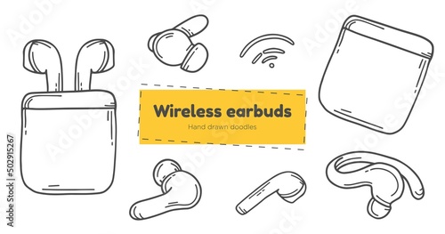 Wireless earbuds hand drawn doodle icons, digital music pods sketch icon set, modern headphone gadget line symbols, isolated on white background