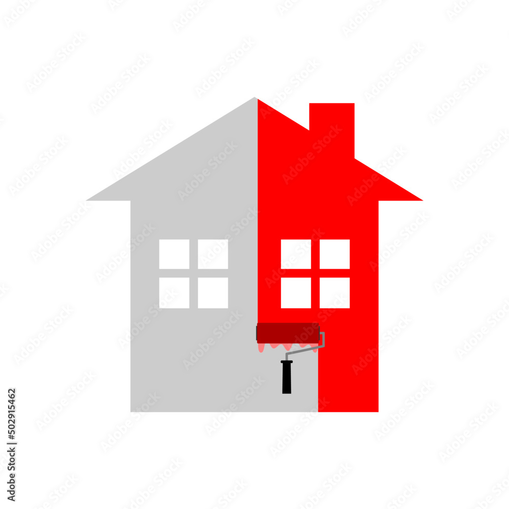 Paint roller brush with painted marking colored red wall of home or house icon flat vector design. Paint roller brush with painted marking colored red wall of home or house icon flat vector design.