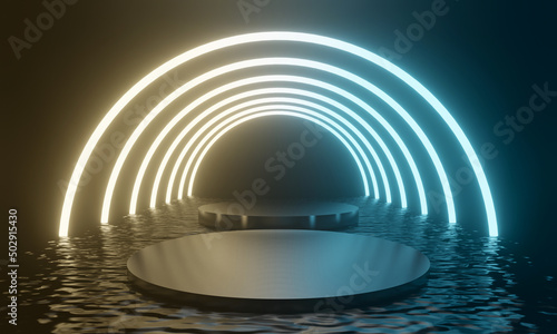 Fototapeta Naklejka Na Ścianę i Meble -  3D black podium with circle neon lights.