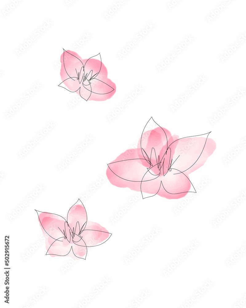Vector illustration of watercolor flower with black line. Design for interior decoration, postcards, paintings and websites. Set of multicolored flowers. Vector isolated flowers on a white background