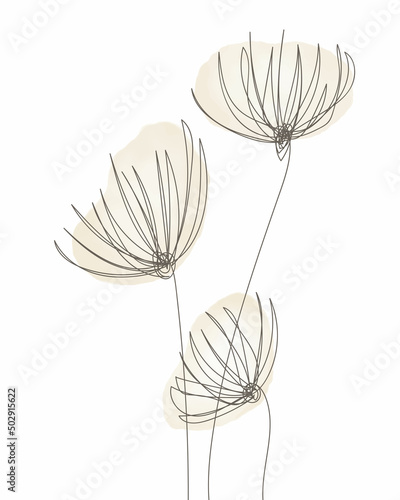 Vector illustration of watercolor flower with black line. Design for interior decoration  postcards  paintings and websites. Set of multicolored flowers. Vector isolated flowers on a white background