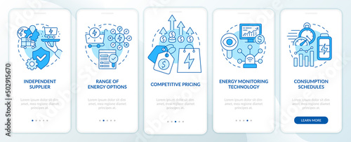 Energy strategy key components blue onboarding mobile app screen. Walkthrough 5 steps graphic instructions pages with linear concepts. UI, UX, GUI template. Myriad Pro-Bold, Regular fonts used