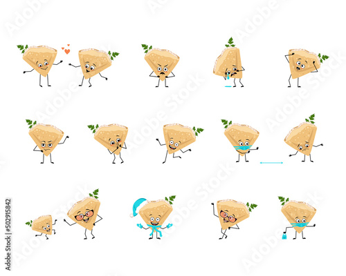 Set of pancake character with happy or sad emotions, panic, loving or brave face, hands and legs. Baking, homemade pastry with mask, glasses or hat. Carnival or Maslenitsa food. Vector illustration