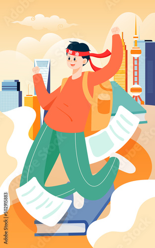 Boy with school bag jumping with joy, paper and books in background, vector illustration