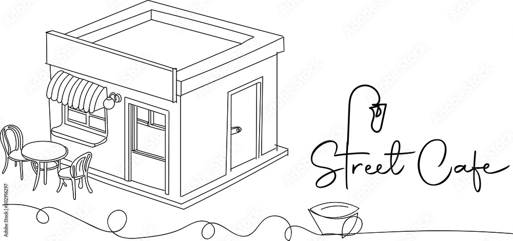Outline sketch drawing of open street cafe, line art illustration vector silhouette of street corner food cafe