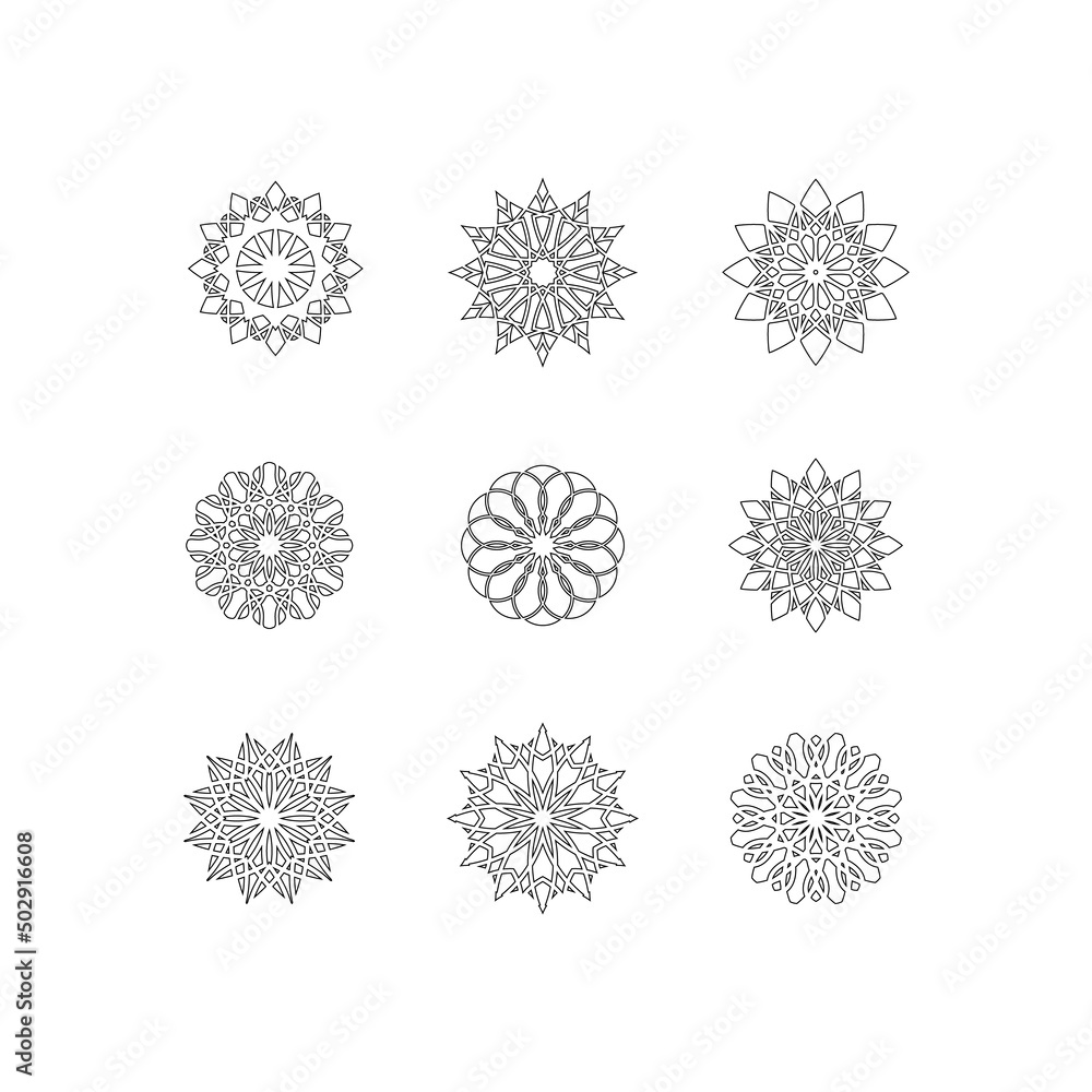 Set of abstract geometric ornaments. Mandala. Floral elements. Decorative symbols.	