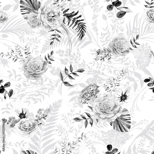 Watercolor vintage black and white seamless pattern with a herbarium of rose flowers and tropical palm leaves for summer textiles of dresses and clothes