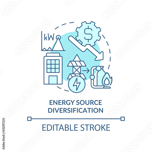 Energy source diversification turquoise concept icon. Implementing energy plan abstract idea thin line illustration. Isolated outline drawing. Editable stroke. Arial, Myriad Pro-Bold fonts used