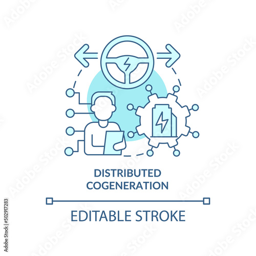 Distributed cogeneration turquoise concept icon. Successful energy management abstract idea thin line illustration. Isolated outline drawing. Editable stroke. Arial, Myriad Pro-Bold fonts used photo