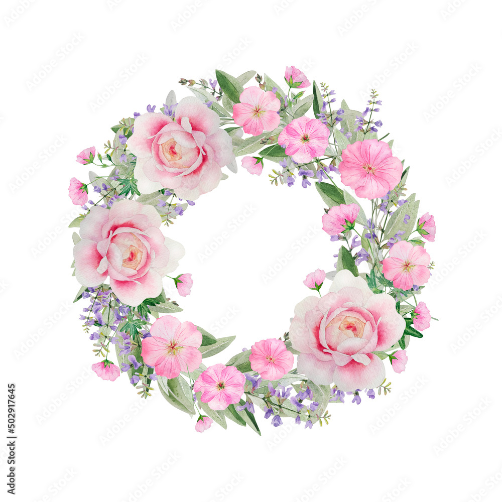 Watercolor delicate wreath with wild roses and herbs. Pink flowers and sage leaves create gentle composition in shabby chic or romantic style. For wedding invitation or greeting cards or other designs Watercolor delicate wreath with wild roses and herbs. Pink flowers and sage leaves create gentle composition in shabby chic or romantic style. For wedding invitation or greeting cards or other designs