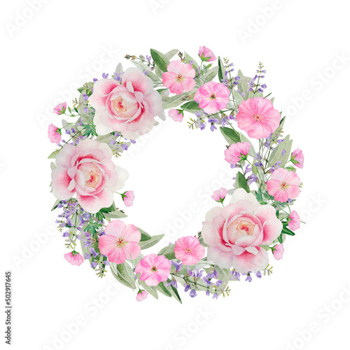 Watercolor delicate wreath with wild roses and herbs. Pink flowers and sage leaves create gentle composition in shabby chic or romantic style. For wedding invitation or greeting cards or other designs