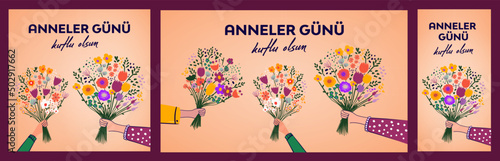 Anneler Günü Kutlu Olsun. Translation: Happy Mother's Day. Perfect for prints, stickers, cards, posters, banners. Bouquet of flowers and floral decorative vector elements. photo