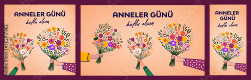 Anneler Günü Kutlu Olsun. Translation: Happy Mother's Day. Perfect for prints, stickers, cards, posters, banners. Bouquet of flowers and floral decorative vector elements.