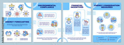 Strategic energy planning blue brochure template. Financial incentives. Leaflet design with linear icons. 4 vector layouts for presentation, annual reports. Arial-Black, Myriad Pro-Regular fonts used